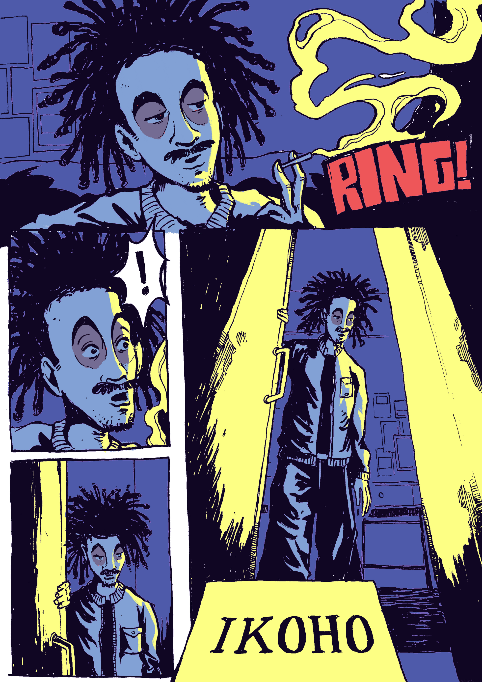 Comic book cover with stylized characters and text 'Ring! IKOHO' on a blue and yellow background.