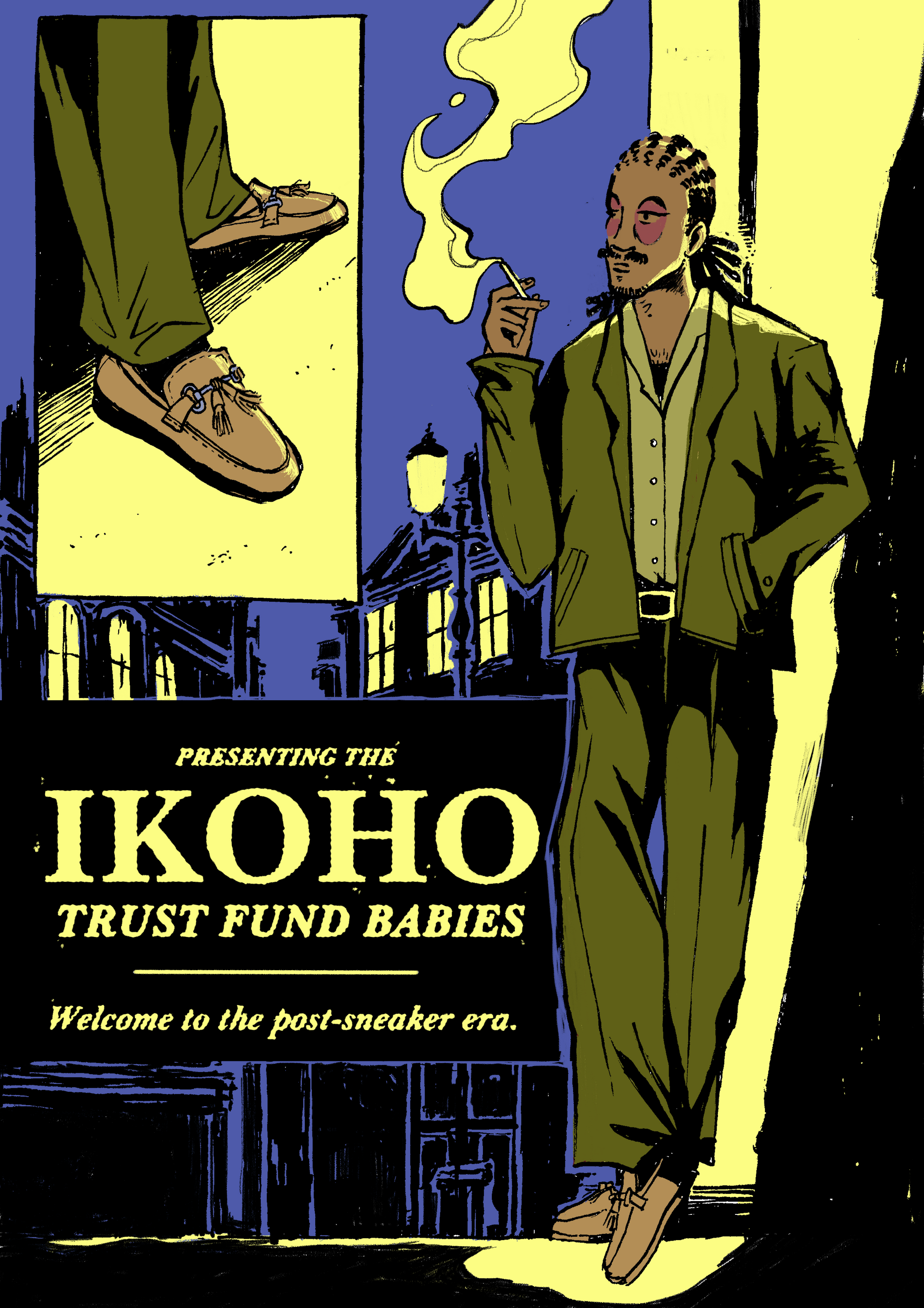 Illustration of a man smoking a cigarette with text about 'Ikoho Trust Fund Babies' in a stylized setting.