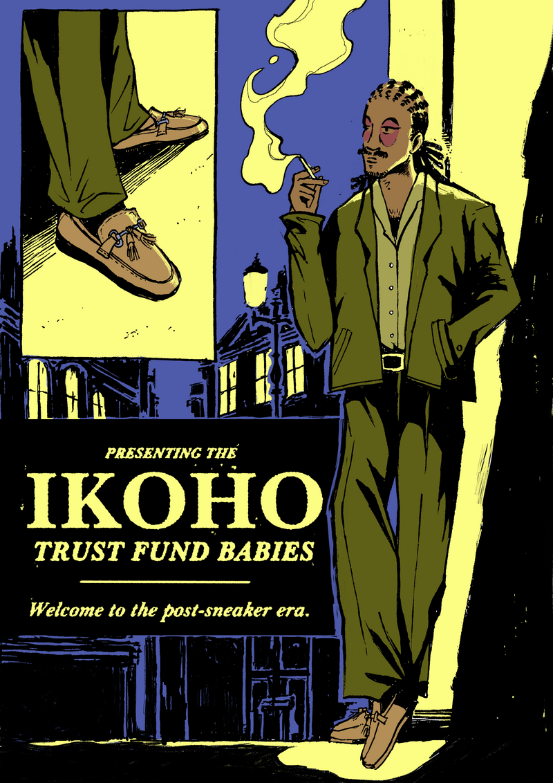 Illustration of a man smoking a cigarette with text about 'Ikoho Trust Fund Babies' in a stylized setting.