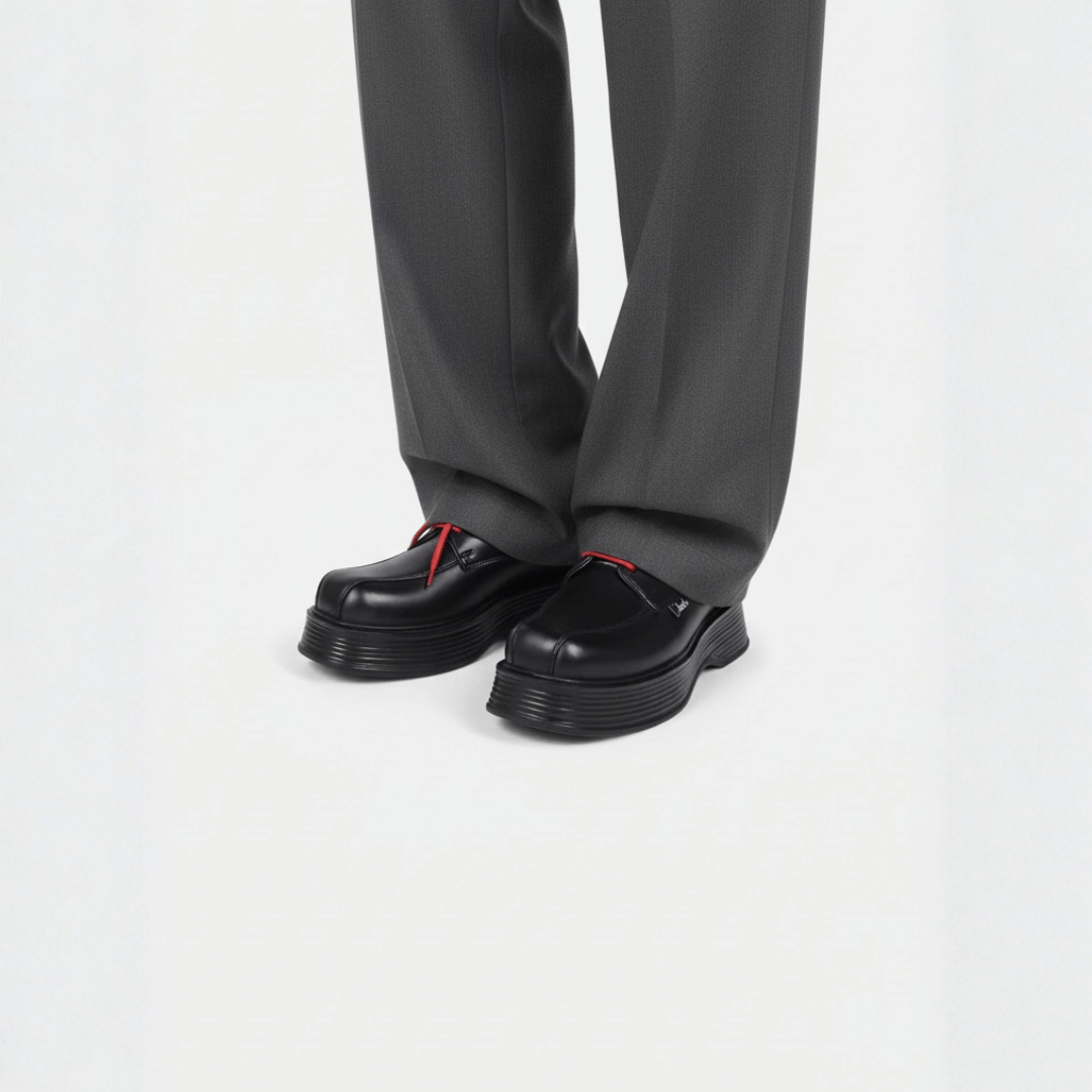 Black shoes with red laces worn with gray pants on a white background