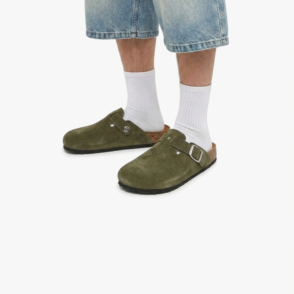 Green suede clogs worn with white socks and blue jeans on a white background