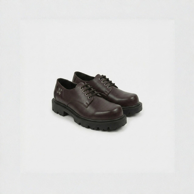 Pair of brown leather shoes on a light gray background