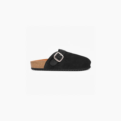 Black suede clog with a silver buckle on a white background