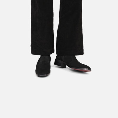 Black shoes worn with black pants on a white background