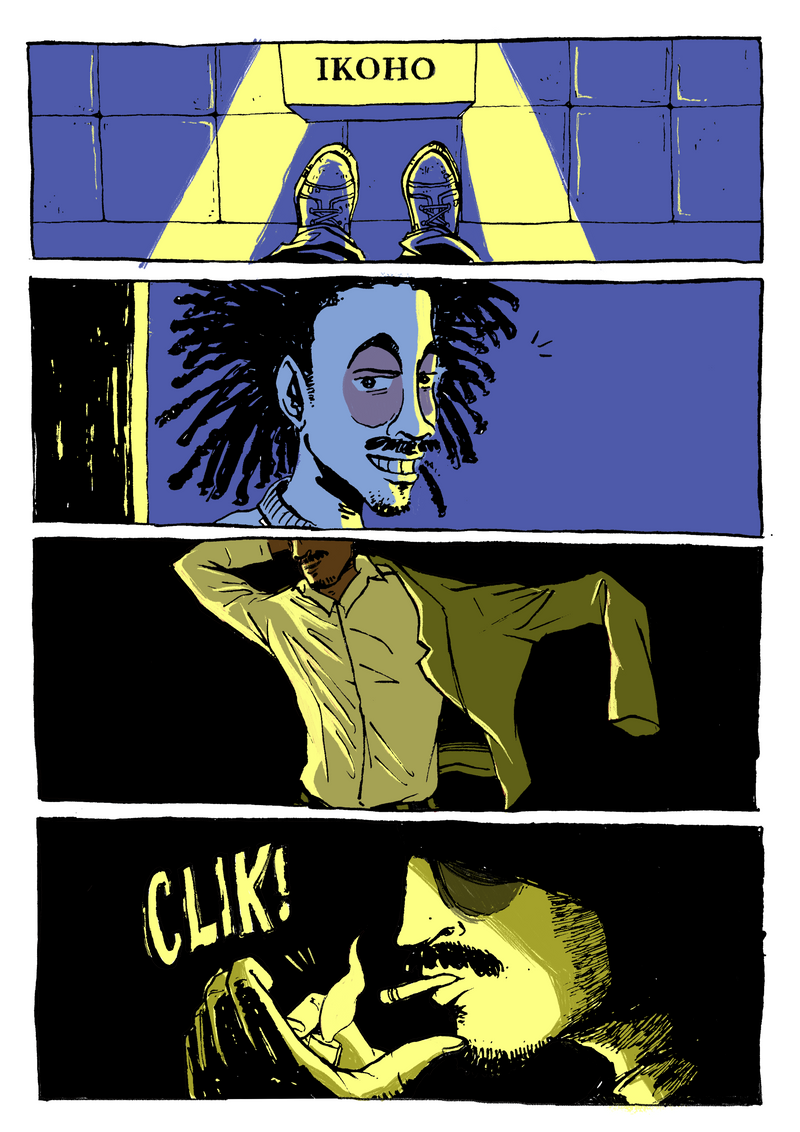 Comic strip with a person with dreadlocks and text 'IKOHO' and 'CLIK!' on a blue and yellow background.