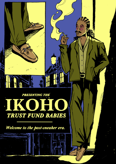 Illustration of a man smoking a cigarette with text about 'Ikoho Trust Fund Babies' in a stylized setting.