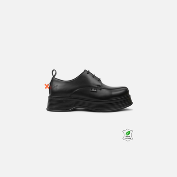 Black leather shoe on a white background with brand logos.